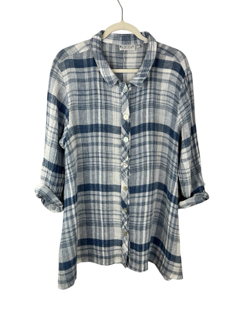 Habitat Blue White Plaid Crinkle Linen Button Front Tunic Top
